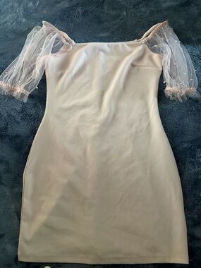Off-Shoulder Blush Pink Mesh Sleeve Bodycon Dress
